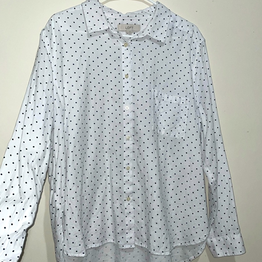 LOFT White Button-Down Shirt with Black Polka Dots